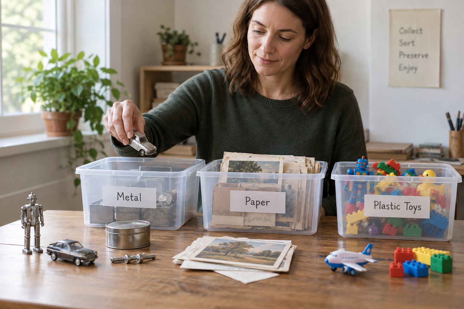Metal objects, paper and plastic toys kept in separate containers