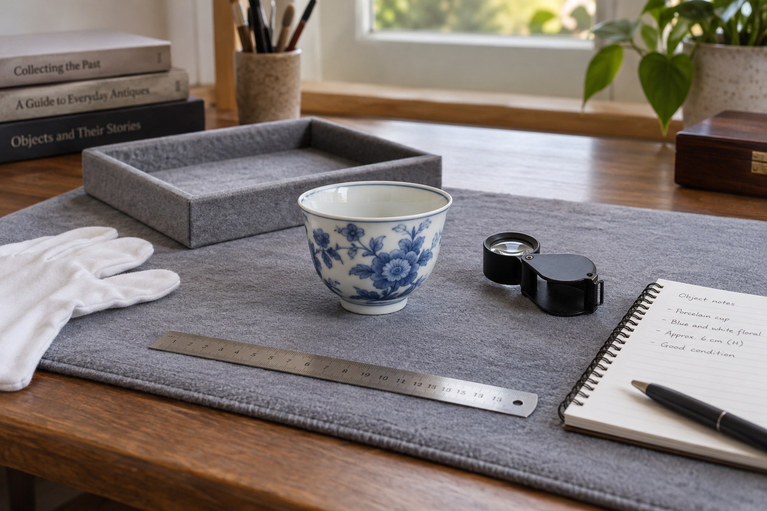 Clean examination table with padded mat, support tray, ruler, loupe and collectible