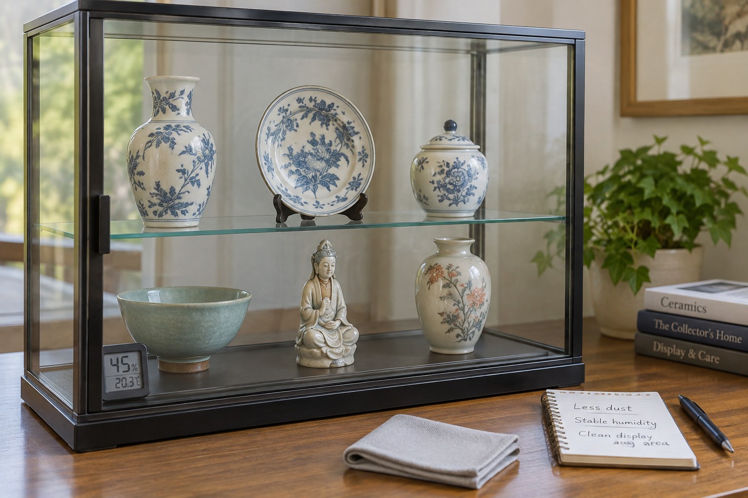 Closed glass display case containing ceramic collectibles
