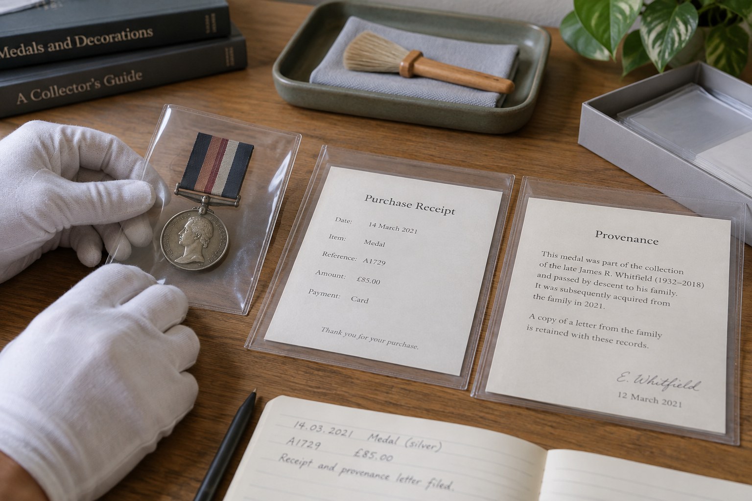 Old medal beside purchase receipt and provenance letter in separate sleeves