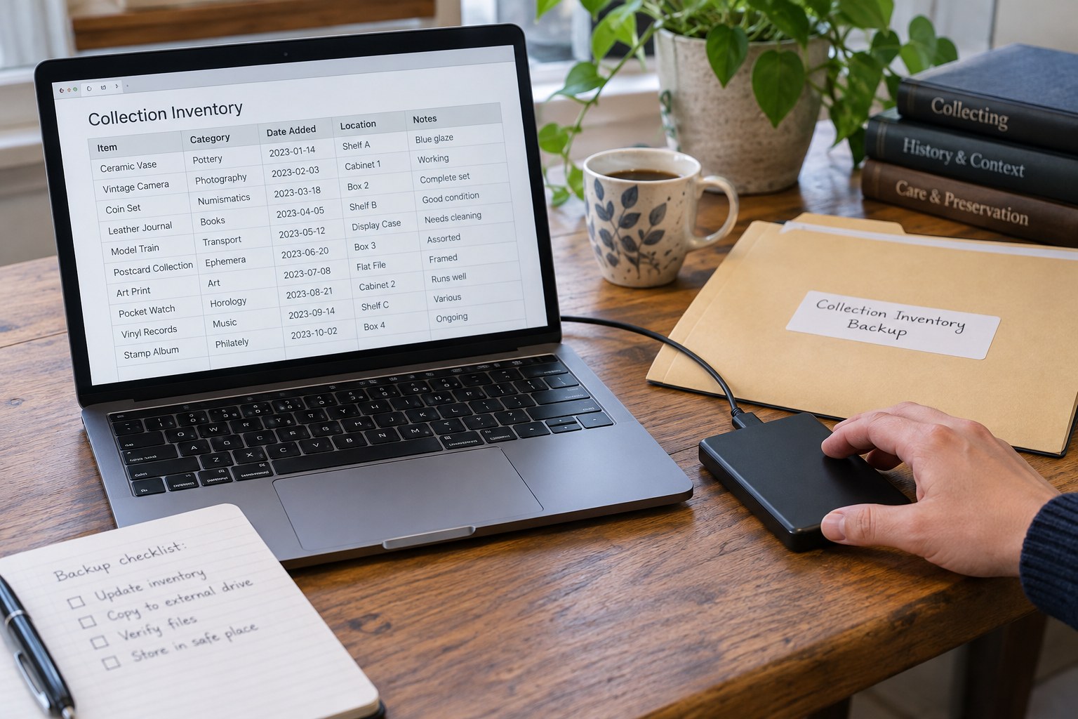 Laptop collection spreadsheet beside external backup drive and inventory folder