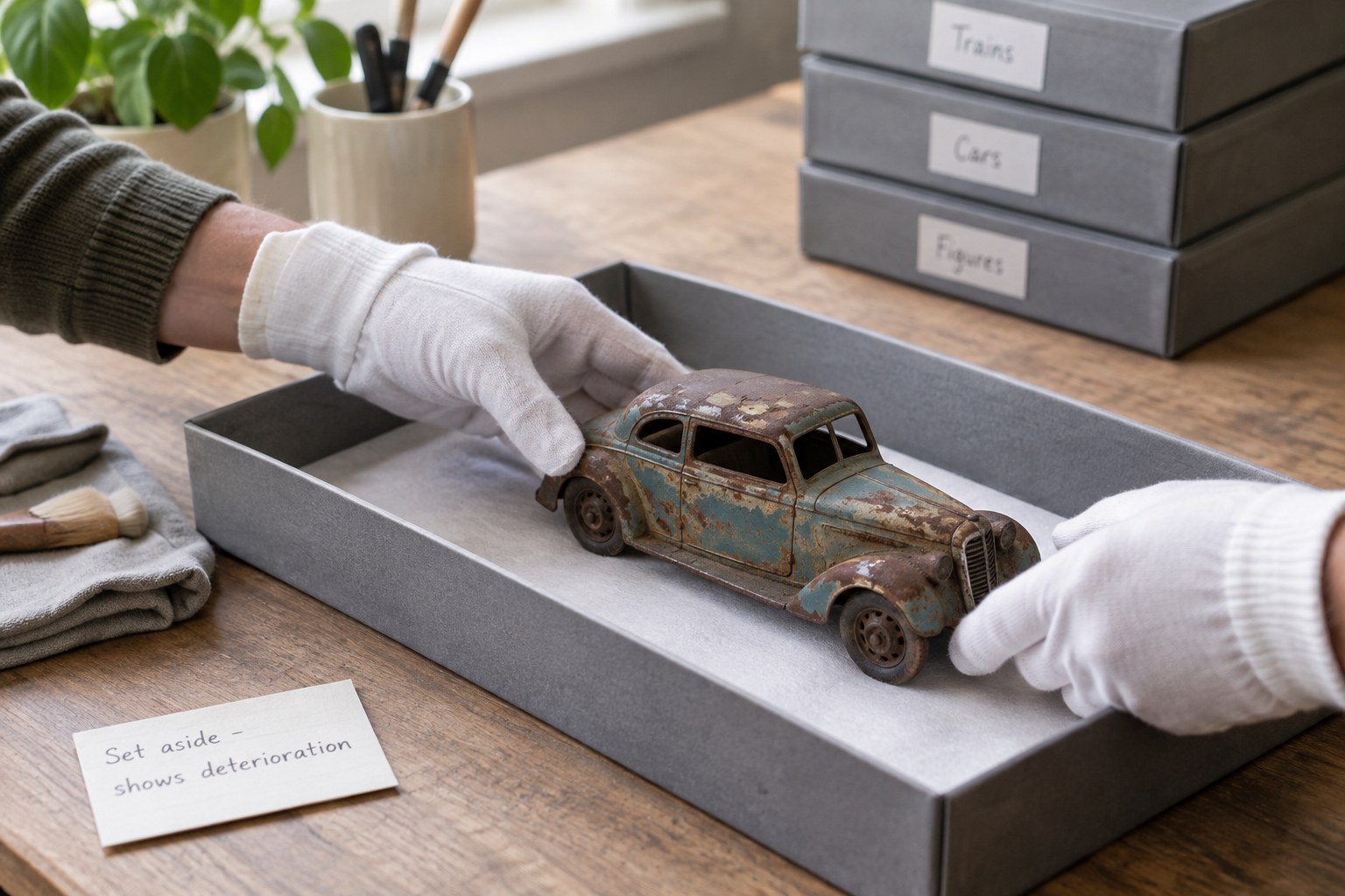 Deteriorating metal collectible isolated in own tray away from other boxes
