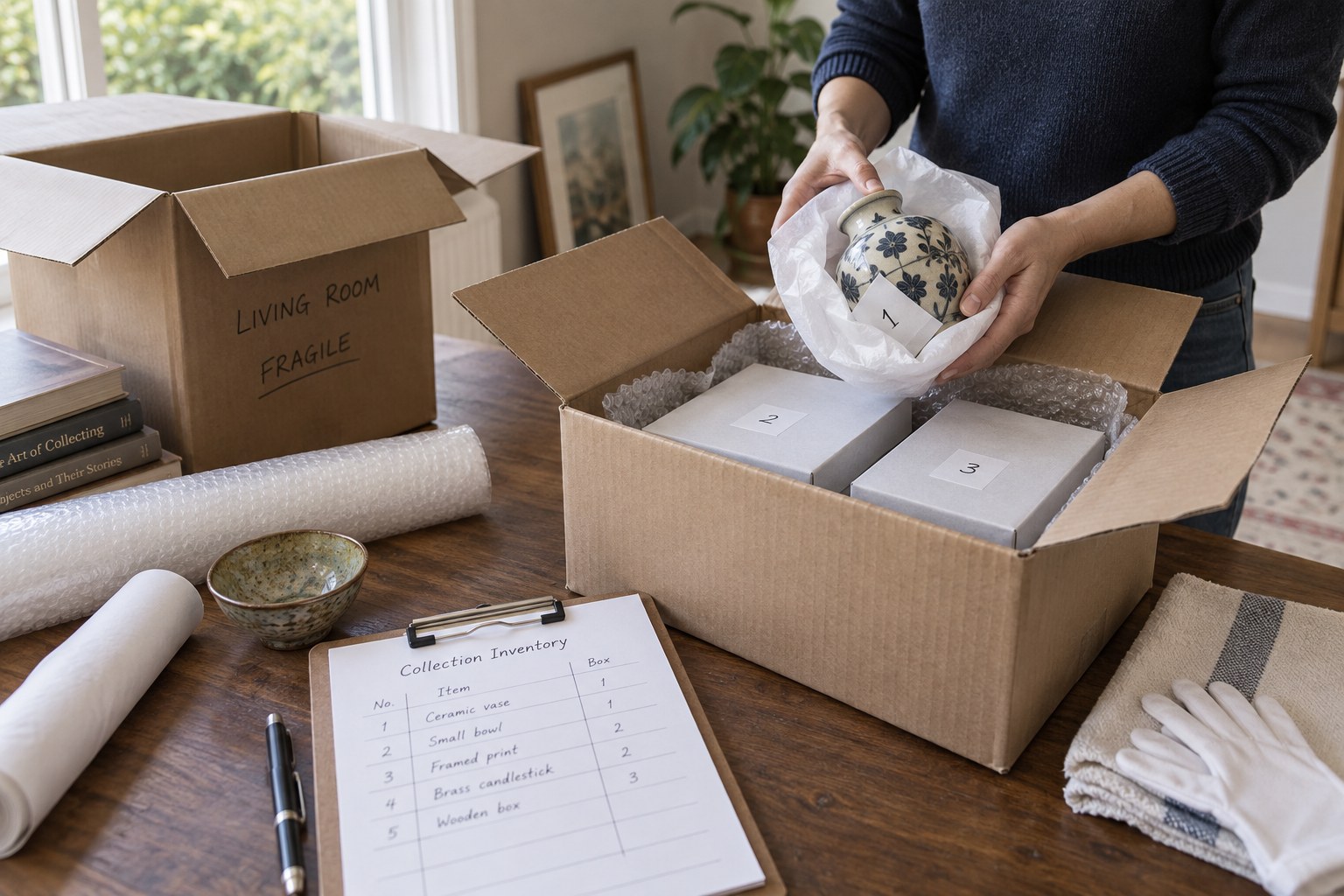 Numbered archival boxes inside padded moving cartons beside inventory clipboard
