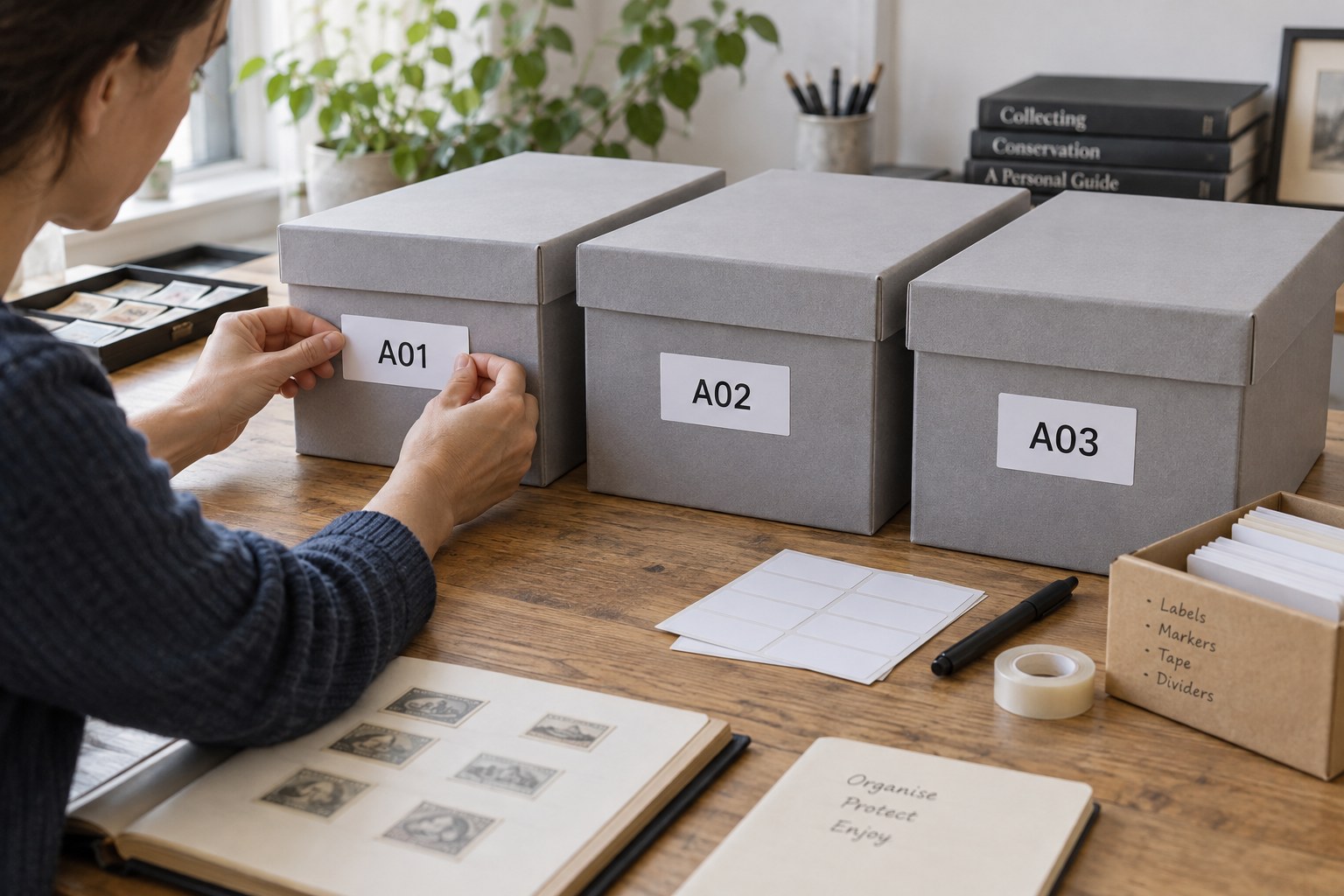 Archival boxes with large readable labels A01 A02 A03 beside label kit