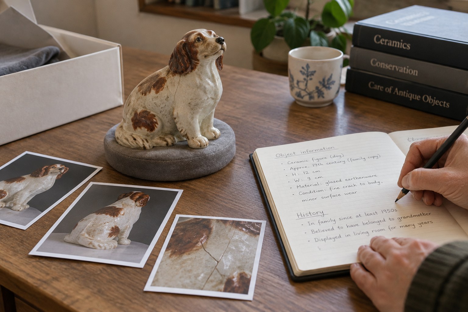Old ceramic ornament with fine crack on support beside photos and history notes