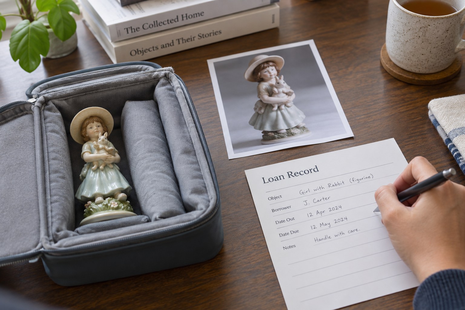 Collectible figurine in travel box beside loan record and object photo