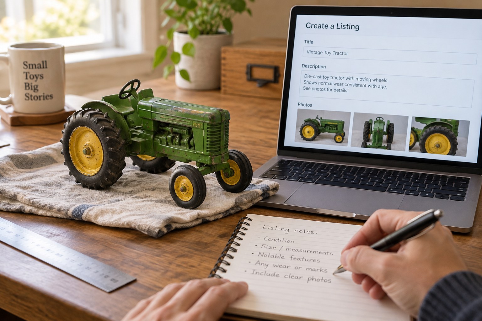 Vintage toy tractor beside laptop generic listing form and item photos