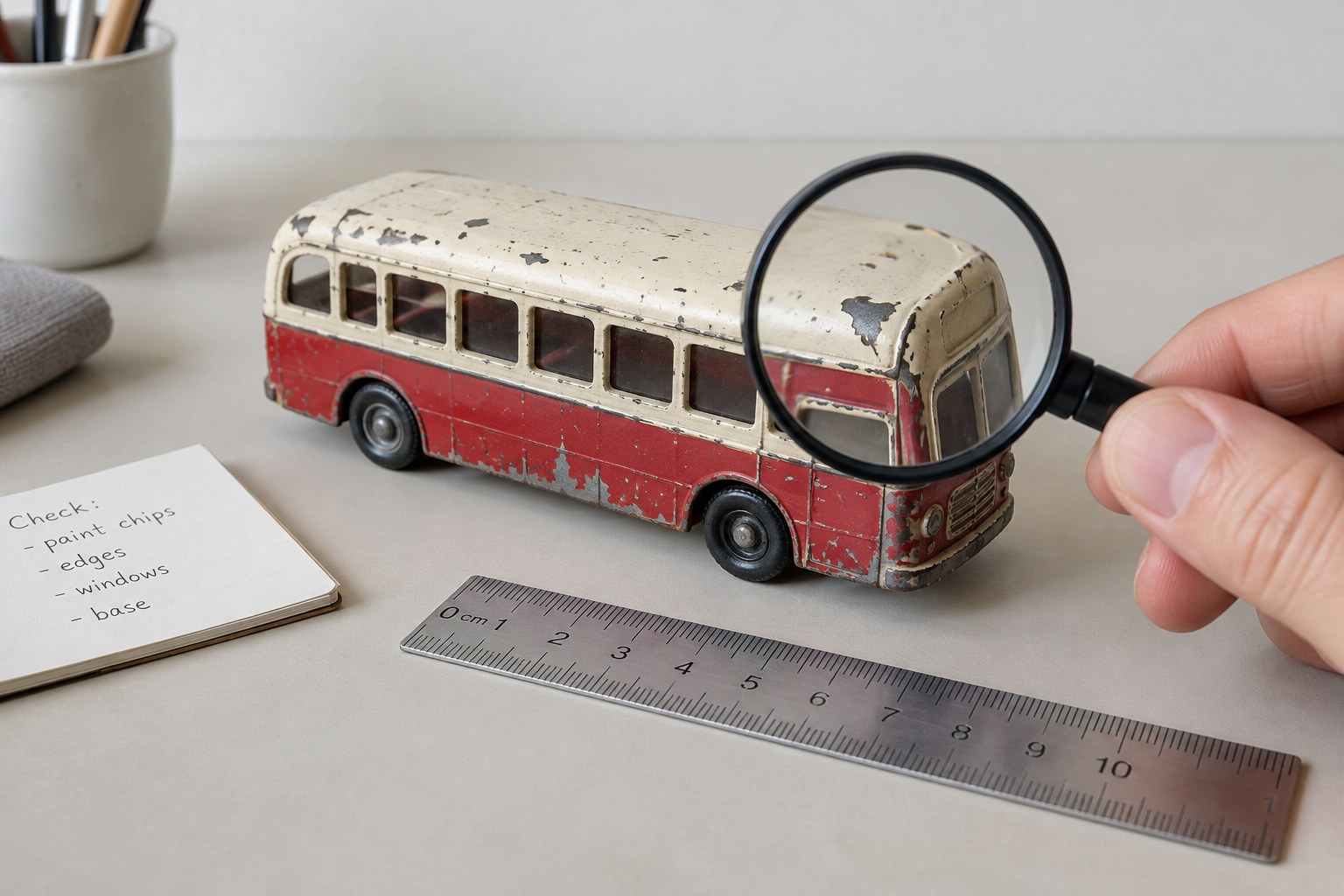 Close chipped paint on toy bus photographed on neutral background with scale
