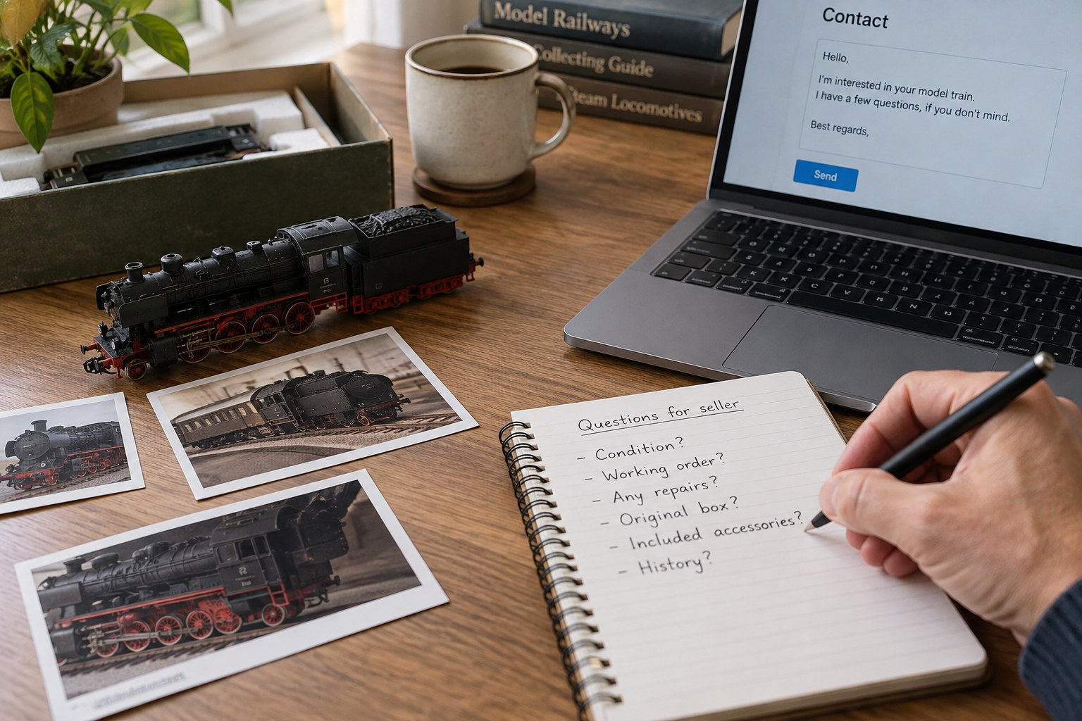 Question notebook beside model train photographs and laptop contact screen