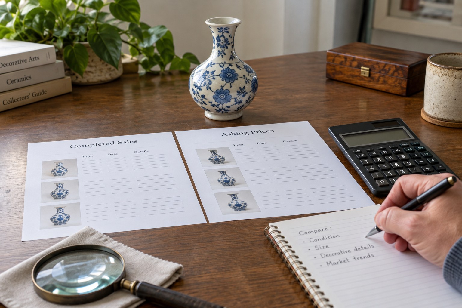Two sale comparison sheets beside collectible and calculator, no asserted values