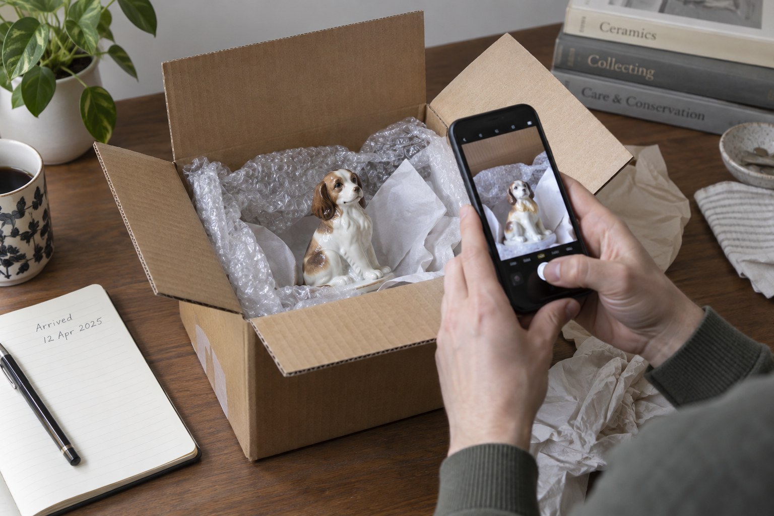 Opened parcel with protected collectible and phone recording arrival condition