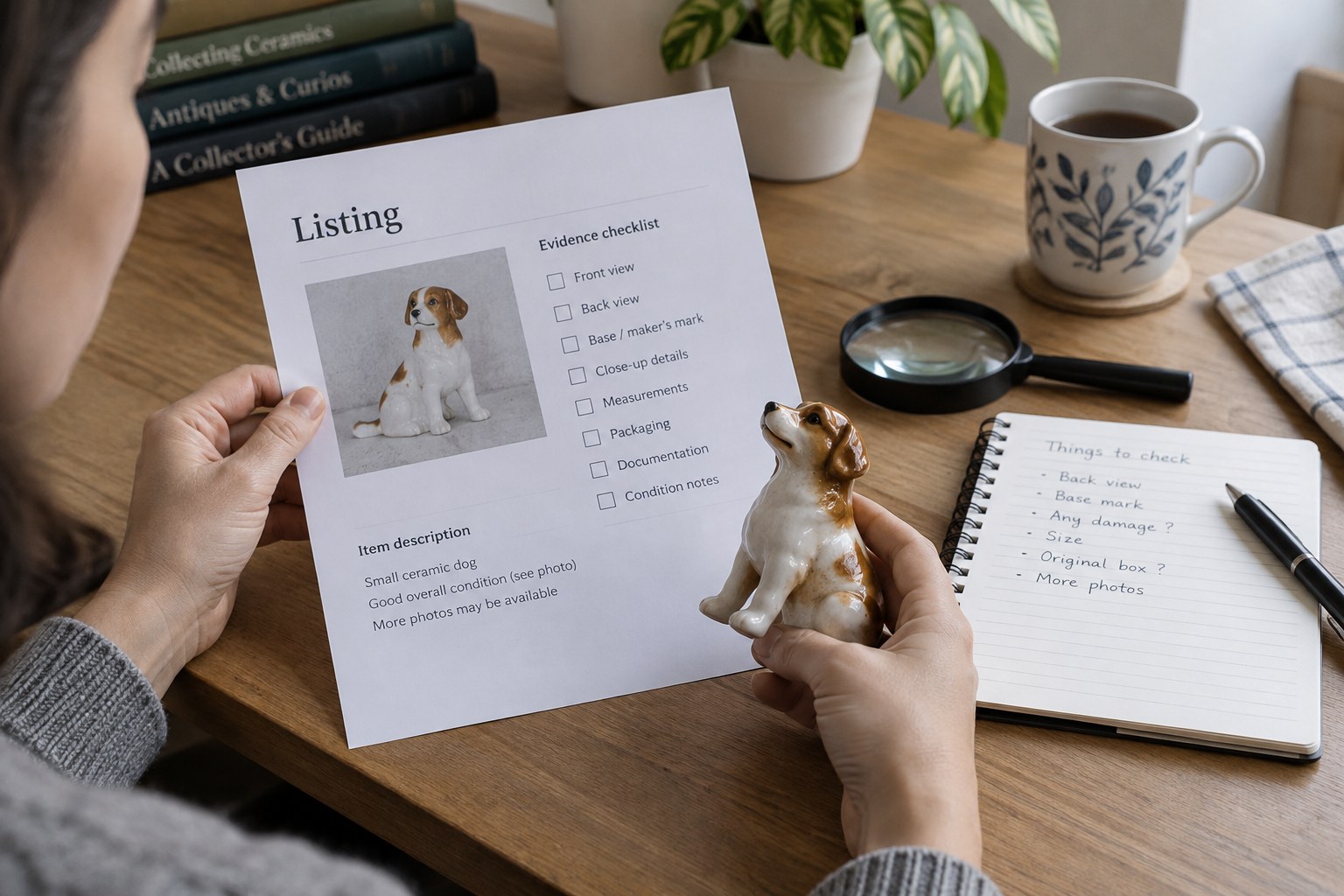 Printed listing with only a small front photo beside empty evidence checklist