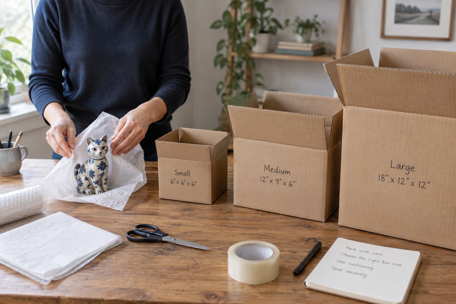 Protected small ceramic collectible beside three corrugated box sizes