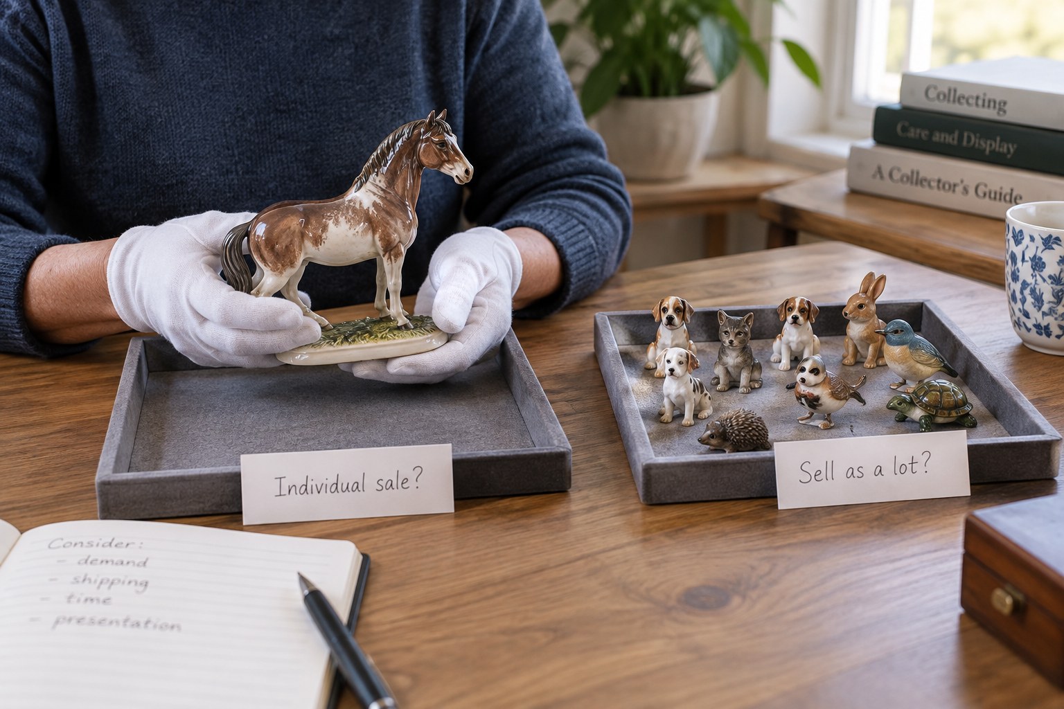 Single collectible in one tray beside grouped small models in separate tray