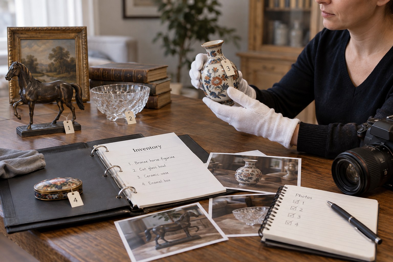 Numbered collectibles beside inventory folder and photos for auction assessment