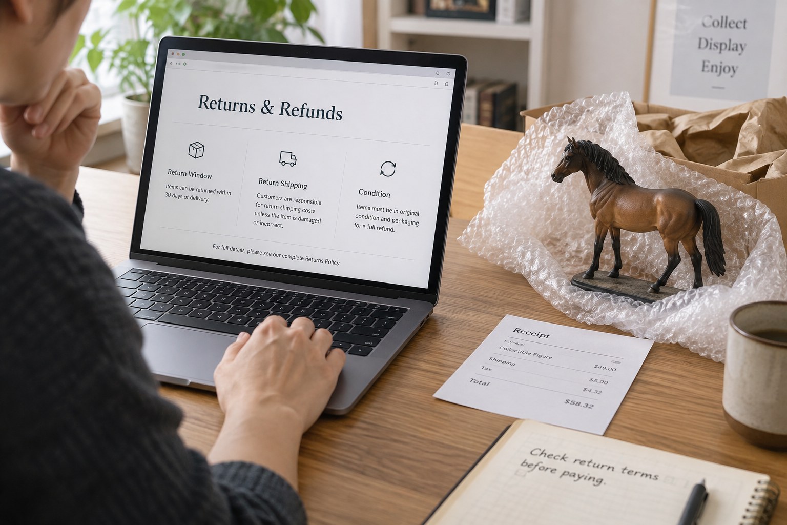 Laptop generic return information page beside wrapped collectible and receipt
