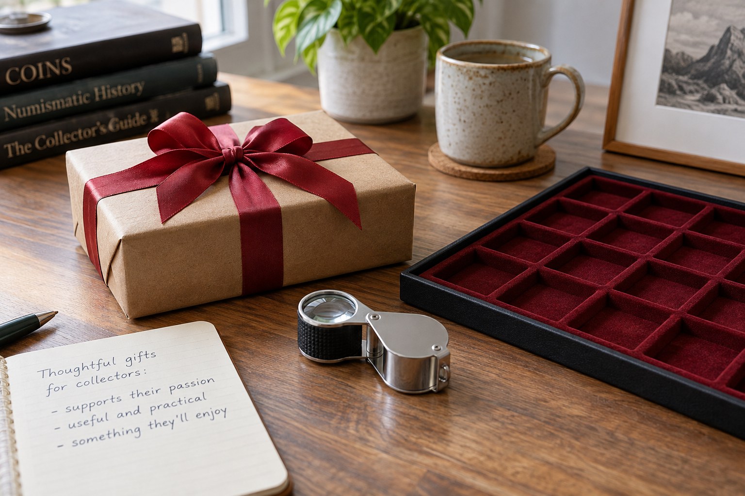 Gift-wrapped box beside a loupe and an empty coin tray