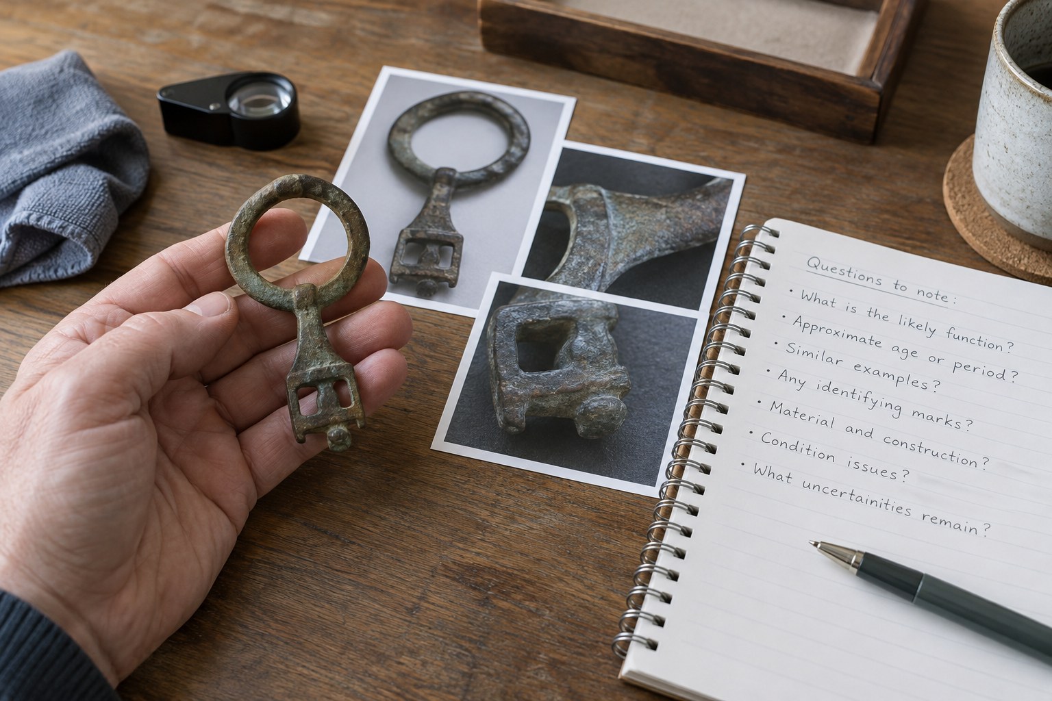 Unidentified metal object beside close photos and notebook questions