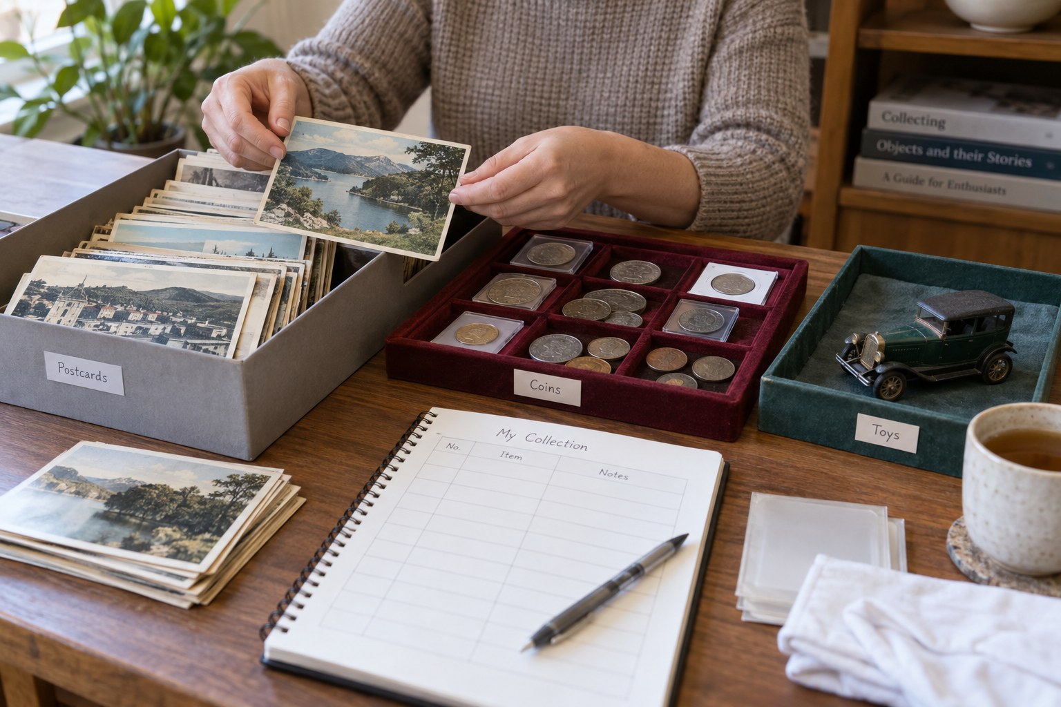 Mixed inherited postcards coins and toy in separate trays beside blank inventory